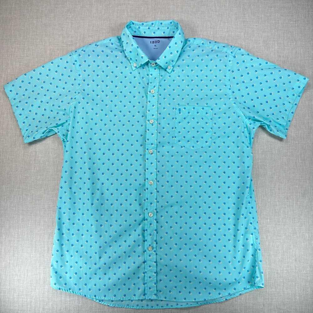 IZOD Button Down Shirt Mens XL Turquoise Blue Tropical Drink All Over Print - Picture 2 of 9